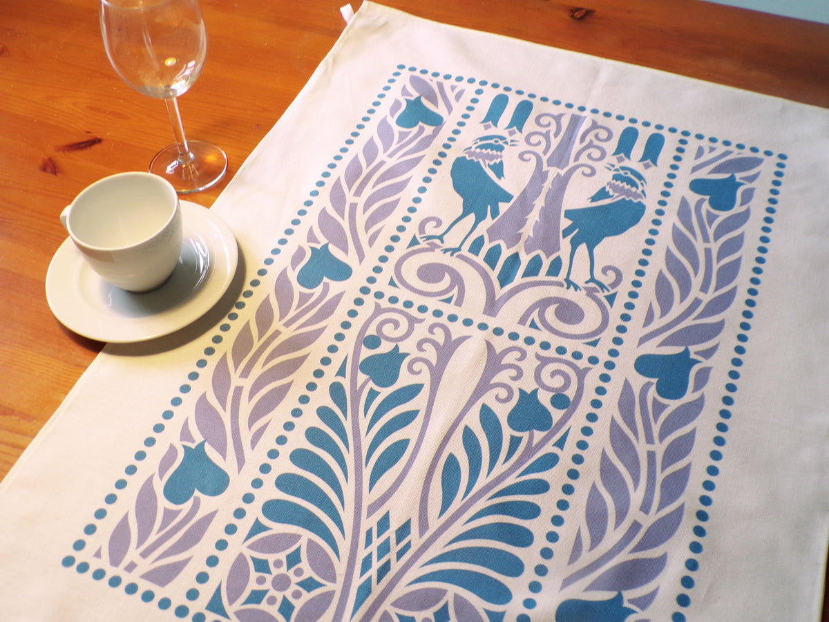 Geschirrtuch, 50x70cm, Baumwollstoff, Vogelmotiv, blau-lavendel