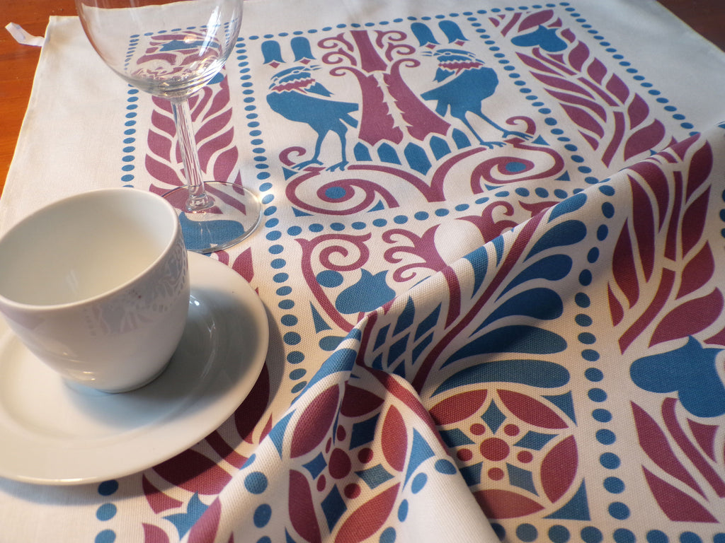 Geschirrtuch, 50x70cm, Baumwollstoff, Vogelmotiv, blau-flieder