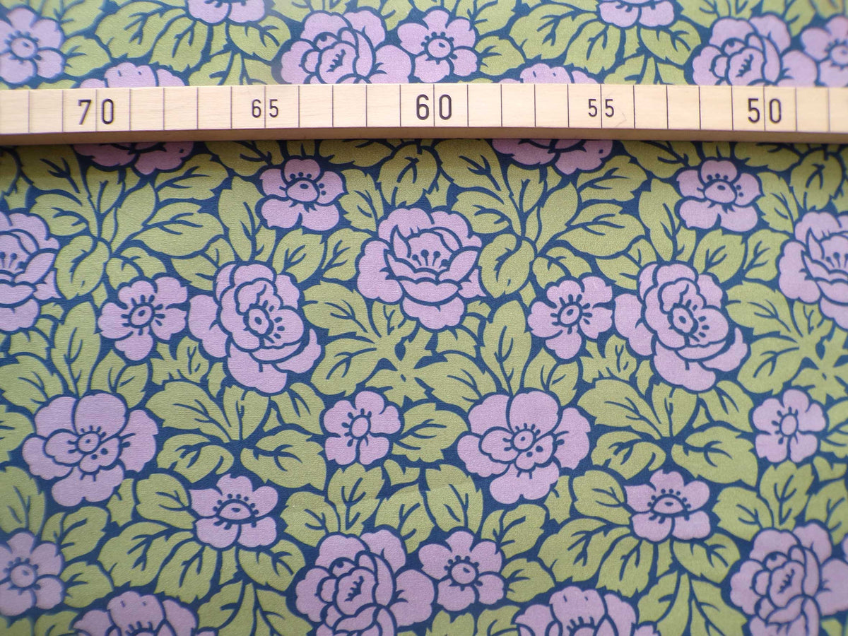 Popeline, Meterware, Baumwollstoff, Bio, Rosenmuster, violett/grün, GOTS, Grundton Navy, Futterstoff, Webware, Blusenstoff, Hemdenstoff, Trachten, Dirndl, Patchworkstoff