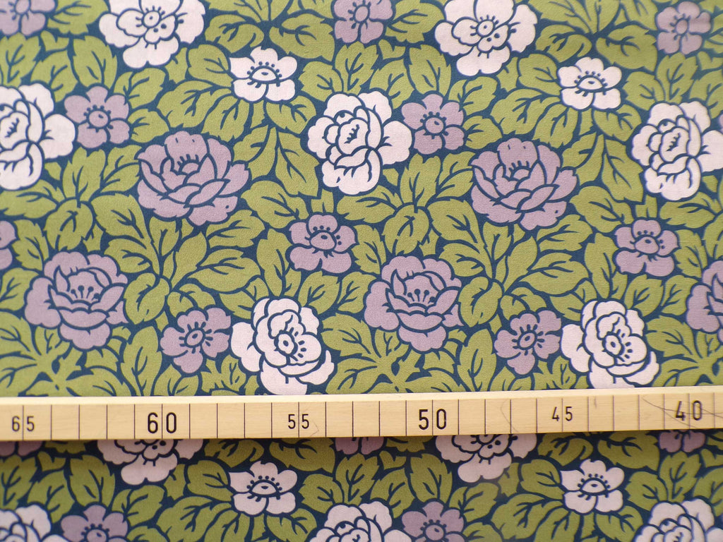 Popeline, Meterware, Baumwollstoff, Rosenmuster, violett grün, zweifarbige Blüten, Bio, GOTS, Futterstoff, Webware, Blusenstoff, Hemdenstoff, Patchworkstoff, Dirndl, Trachten