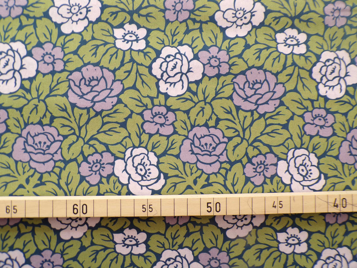 Popeline, Meterware, Baumwollstoff, Rosenmuster, violett grün, zweifarbige Blüten, Bio, GOTS, Futterstoff, Webware, Blusenstoff, Hemdenstoff, Patchworkstoff, Dirndl, Trachten