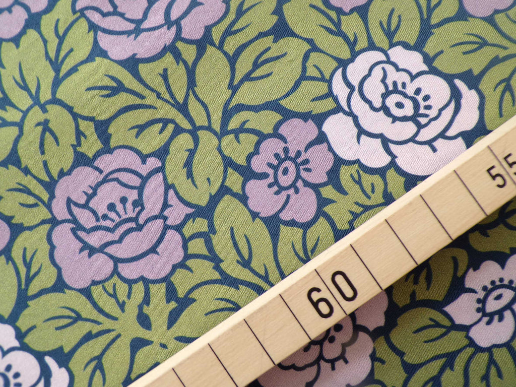 Popeline, Meterware, Baumwollstoff, Bio, Rosen, violett/grün, zweifarbige Blüten, GOTS, Futterstoff, Webware, Trachten, Bluse Hemd Sommerkleid, Patchworkstoff