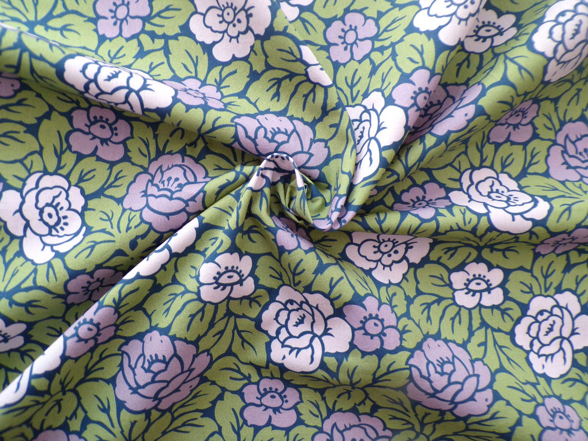 Popeline, Meterware, Baumwollstoff, Rosenmuster, violett grün, zweifarbige Blüten, Bio, GOTS, Futterstoff, Webware, Blusenstoff, Hemdenstoff, Patchworkstoff, Dirndl, Trachten