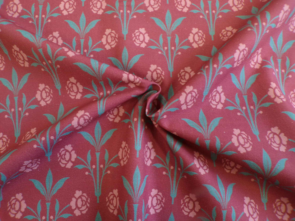 Halbpanama, Meterware, Baumwollstoff, Motiv "Erker", Farbstellung "Granatapfel" (weinrot), Gründerzeitliches/viktorianisches Muster, Trachten, Dirndl, Kissen, Taschen, Tischdecken