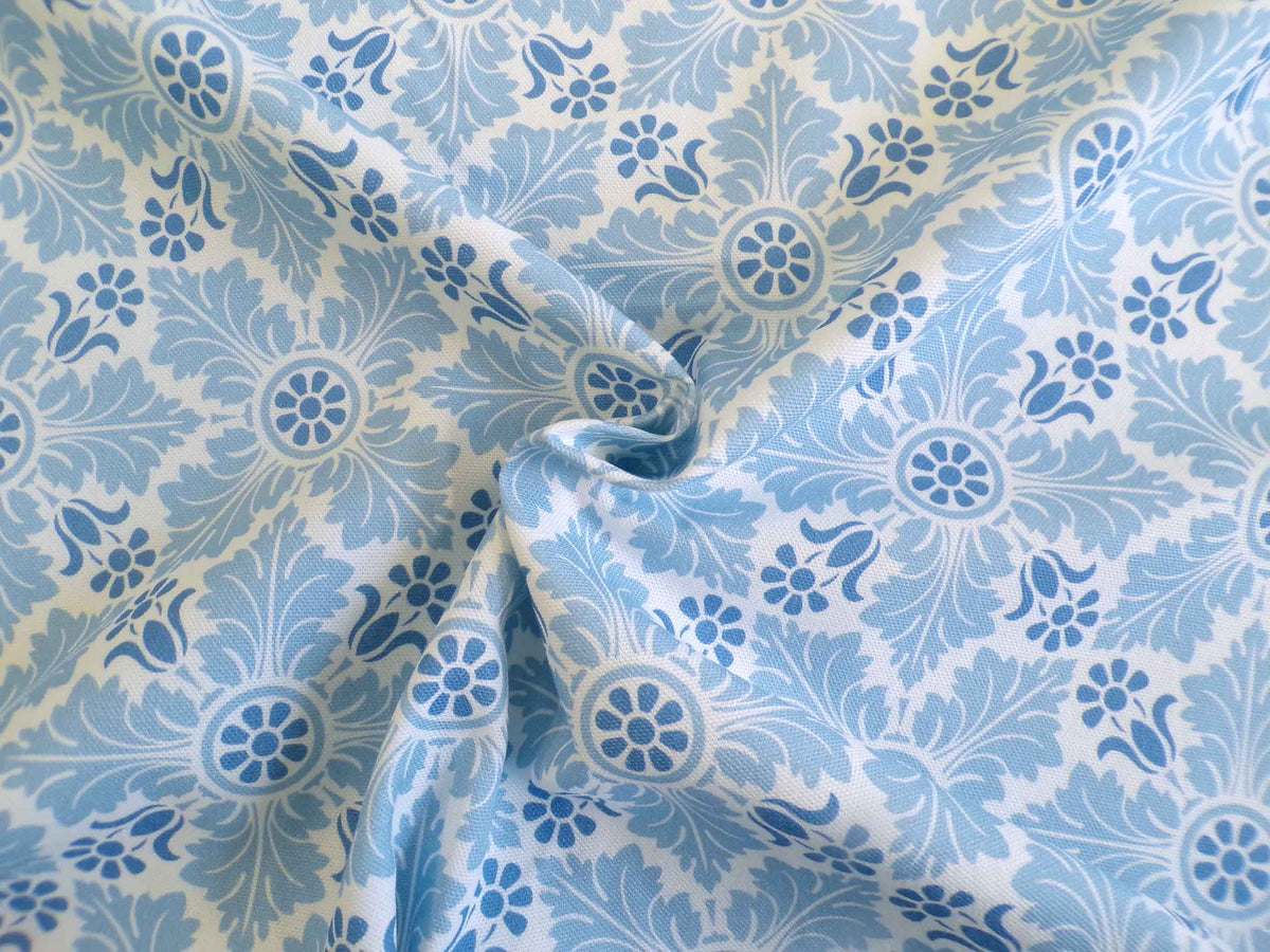 Halbpanama, Baumwolle, Meterware, Eiskristall, hellbau-weiß-blau, Muster, geometrisch, Pflanze, für Taschenprojekte, Kissen, Tischdecken, Hosen