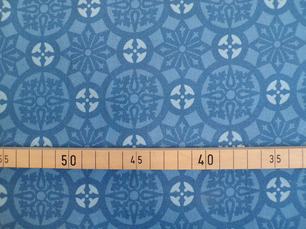 Halbpanama, Baumwolle, Meterware, "Schnee 4", blau/hellblau, Kreise, geometrisch Muster, für Taschenprojekte, Kissen, Tischdecken, Trachten