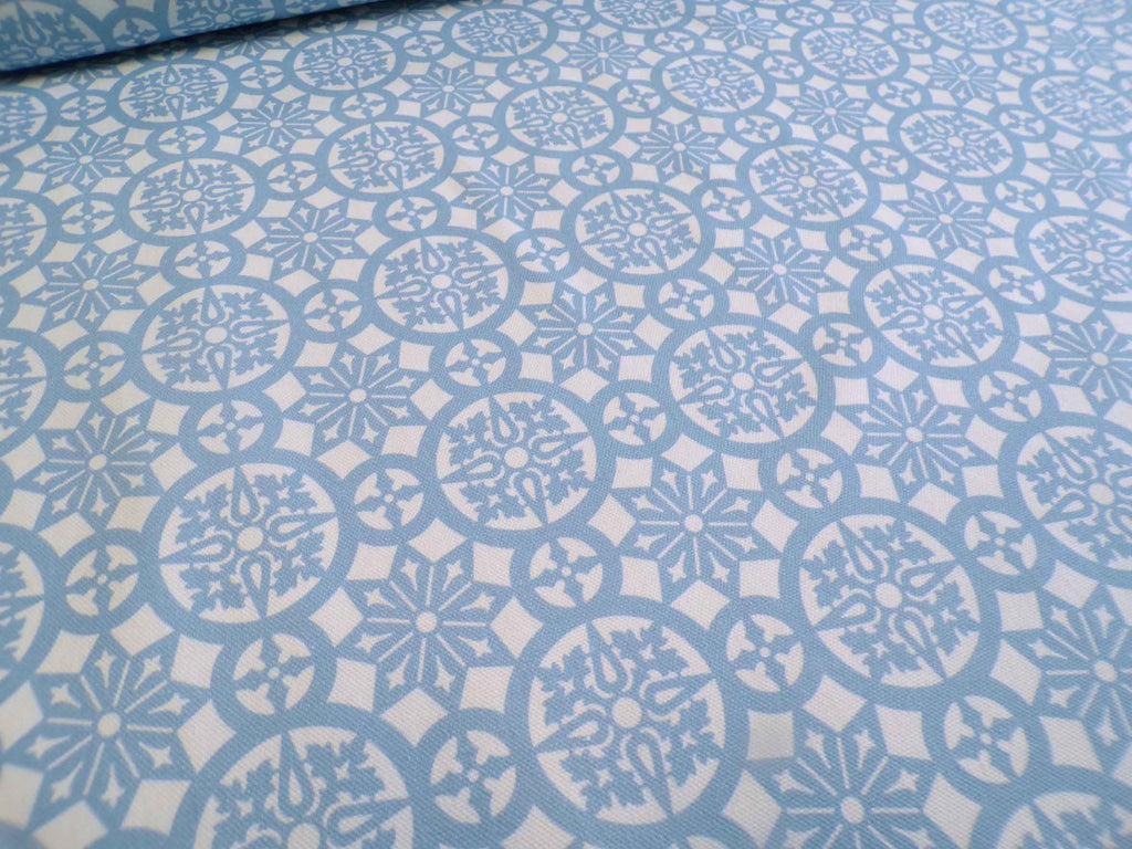 Halbpanama, Baumwolle, Meterware, "Schnee 1", Jeansblau/weiß, geometrisch, Kreise, Stern, für Taschenprojekte, Kissen, Tischdecke, Hosen