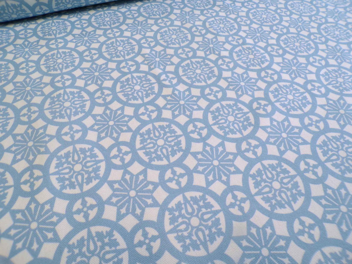 Halbpanama, Baumwolle, Meterware, "Schnee 1", Jeansblau/weiß, geometrisch, Kreise, Stern, für Taschenprojekte, Kissen, Tischdecke, Hosen
