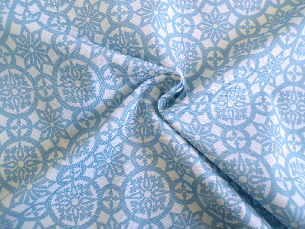 Halbpanama, Baumwolle, Meterware, "Schnee 1", Jeansblau/weiß, geometrisch, Kreise, Stern, für Taschenprojekte, Kissen, Tischdecke, Hosen