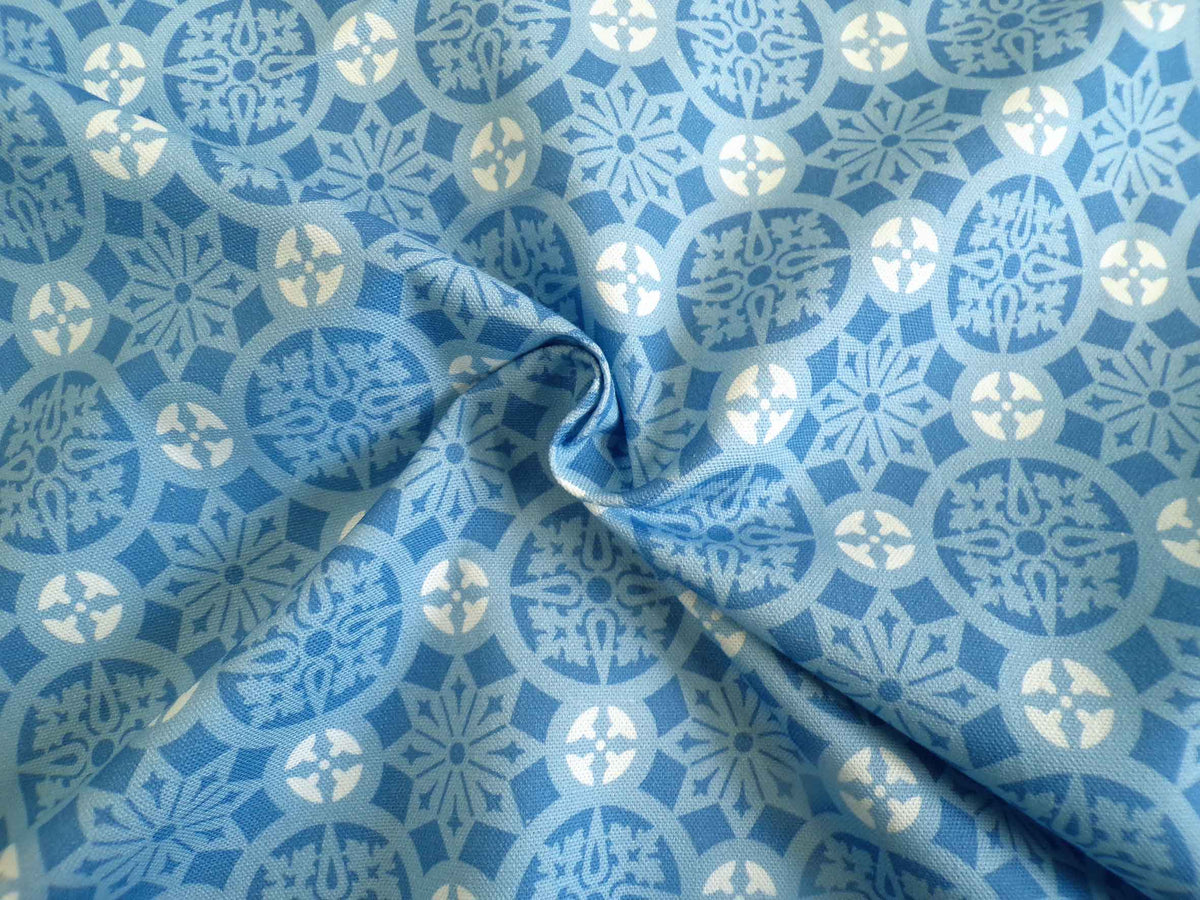 Halbpanama, Baumwolle, Meterware, "Schnee 3", blau/weiß/hellblau, geometrisch, Kreise, für Taschenprojekte, Tischdecken, Hosen, Dirndl, Kissen