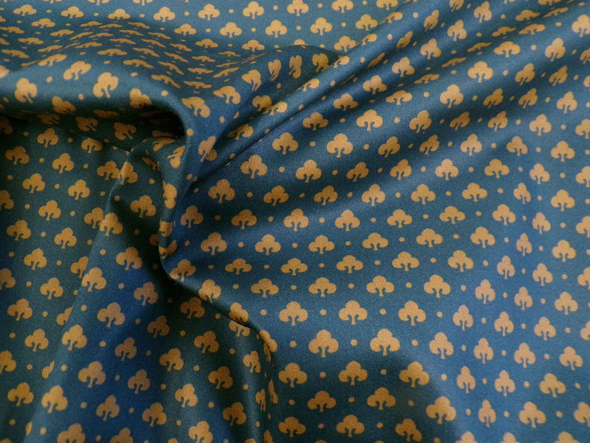 Mako-Satin, Meterware, Baumwolle,  Muster "Klee", dunkelblau/hellbraun, Streumuster, navy, tan, Lilie, Baumwollsatin, Bettwäsche, glänzend, Hemden, Blusen