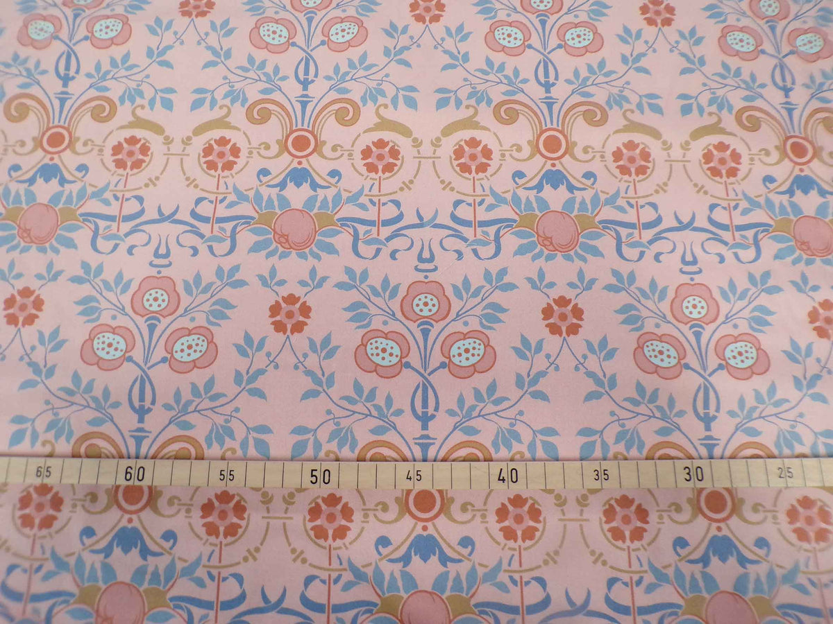 Makosatin, Meterware, Baumwollstoff, Motiv "Bauerngarten", Farbstellung "Hortensie" (Altrosa), Gründerzeitliches/viktorianisches Muster, Landhaus, Trachten, Dirndl Kissen