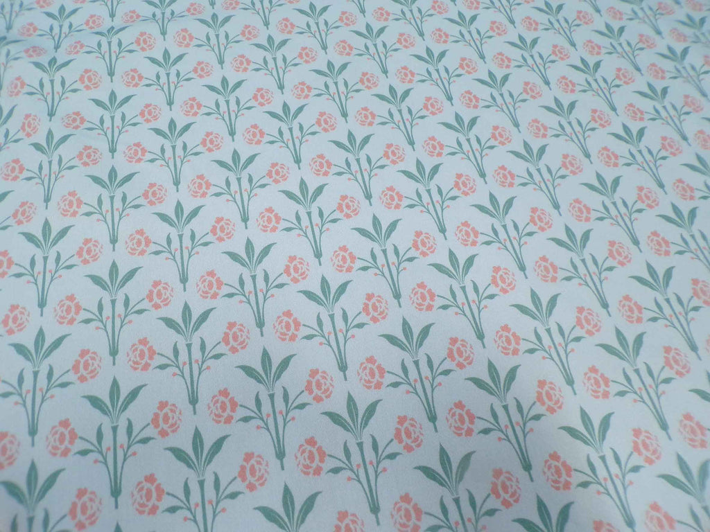 Cotton sateen fabric by the meter, “Erker” design, “Gartenteich” colorway (light blue), turquoise and dusty rose floral pattern, Victorian, Gründerzeit, traditional costume, dirndl, bedding, blouse