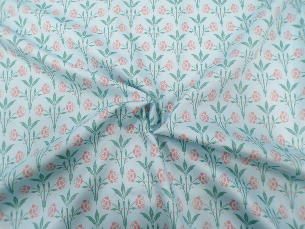 Cotton sateen fabric by the meter, “Erker” design, “Gartenteich” colorway (light blue), turquoise and dusty rose floral pattern, Victorian, Gründerzeit, traditional costume, dirndl, bedding, blouse