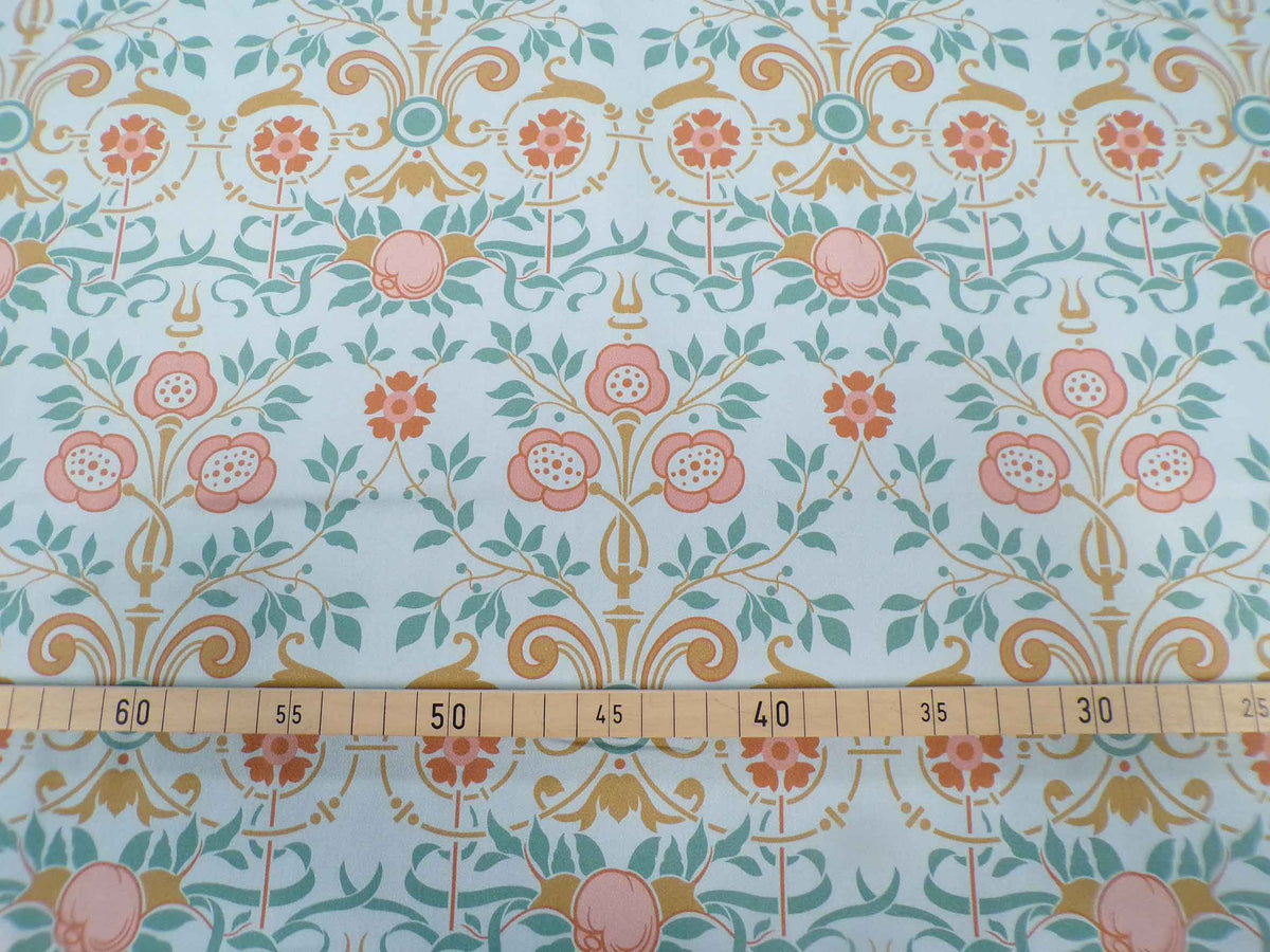 Mako-Satin, Meterware, Motiv Bauerngarten, Farbstellung "Gartenteich", hellblau, aqua, Blumenmuster, türkis, rosa, braun, glänzender Baumwollsatin, Bettwäsche, Trachten, Dirndl