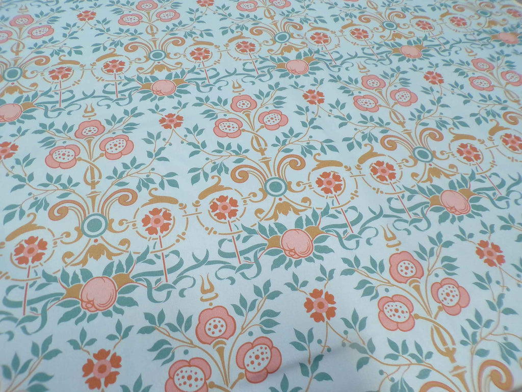 Mako-Satin, Meterware, Motiv Bauerngarten, Farbstellung "Gartenteich", hellblau, aqua, Blumenmuster, türkis, rosa, braun, glänzender Baumwollsatin, Bettwäsche, Trachten, Dirndl