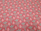 Cotton sateen fabric by the metre, “Bay Window” design, “Pomegranate” colorway (wine red), floral pattern in turquoise and dusty rose, Victorian, Wilhelminian-era, glossy cotton sateen, traditional attire, dirndls, bed linen