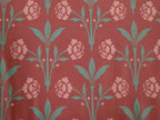 Cotton sateen fabric by the metre, “Bay Window” design, “Pomegranate” colorway (wine red), floral pattern in turquoise and dusty rose, Victorian, Wilhelminian-era, glossy cotton sateen, traditional attire, dirndls, bed linen