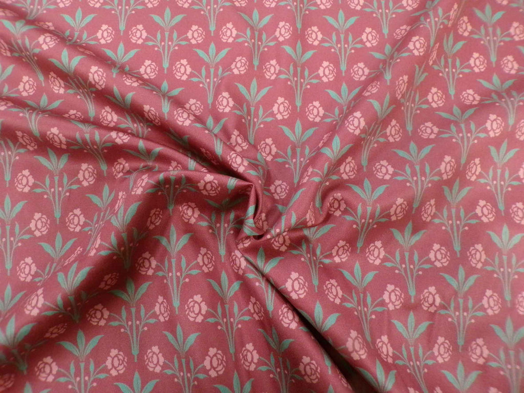 Makosatin, Meterware, Baumwollstoff, Motiv "Erker", Farbstellung "Granatapfel" (Weinrot), Blumenmuster türkis/altrosa, viktorianisch, Gründerzeit, glänzend Baumwollsatin, Trachten, Dirndl, Bettwäsche