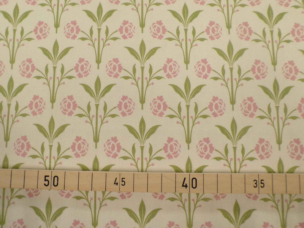 Makosatin, Meterware, Baumwollstoff, Motiv "Erker", "Frühlingszauber" (vanillegelb), Blumenmuster grün/altrosa, Viktorianisch, Gründerzeit, glänzend Baumwollsatin, Trachten, Dirndl Bettwäsche