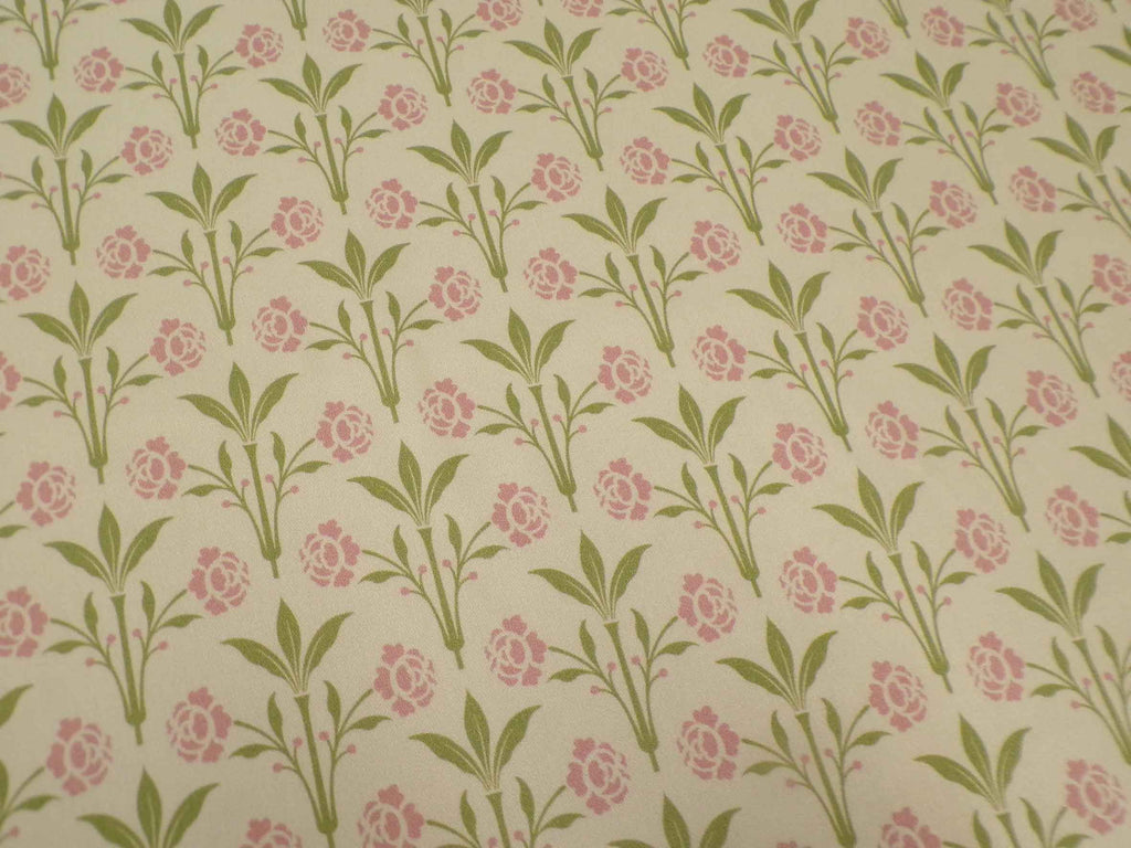 Makosatin, Meterware, Baumwollstoff, Motiv "Erker", "Frühlingszauber" (vanillegelb), Blumenmuster grün/altrosa, Viktorianisch, Gründerzeit, glänzend Baumwollsatin, Trachten, Dirndl Bettwäsche