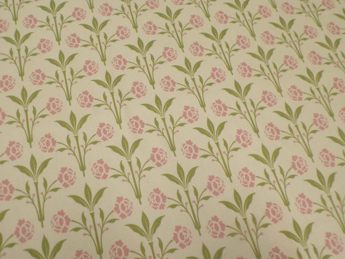 Makosatin, Meterware, Baumwollstoff, Motiv "Erker", "Frühlingszauber" (vanillegelb), Blumenmuster grün/altrosa, Viktorianisch, Gründerzeit, glänzend Baumwollsatin, Trachten, Dirndl Bettwäsche