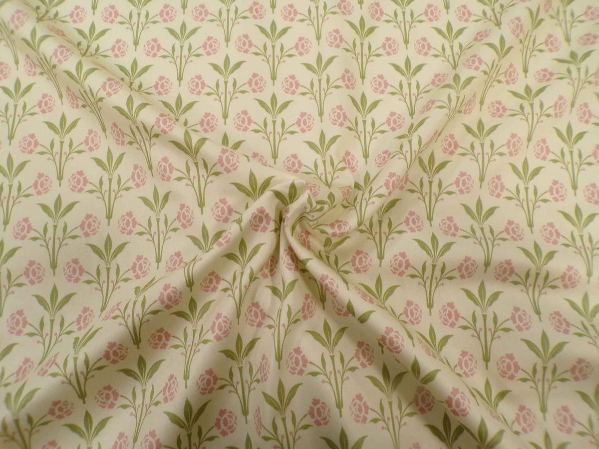 Makosatin, Meterware, Baumwollstoff, Motiv "Erker", "Frühlingszauber" (vanillegelb), Blumenmuster grün/altrosa, Viktorianisch, Gründerzeit, glänzend Baumwollsatin, Trachten, Dirndl Bettwäsche
