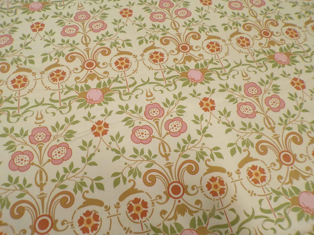 Mako sateen fabric by the metre, Bauerngarten design, “Spring Magic” colourway (vanilla yellow), flowers, Victorian, Gründerzeit, pink, brown, green, floral, cotton sateen, traditional costume, dirndl, bed linen,
