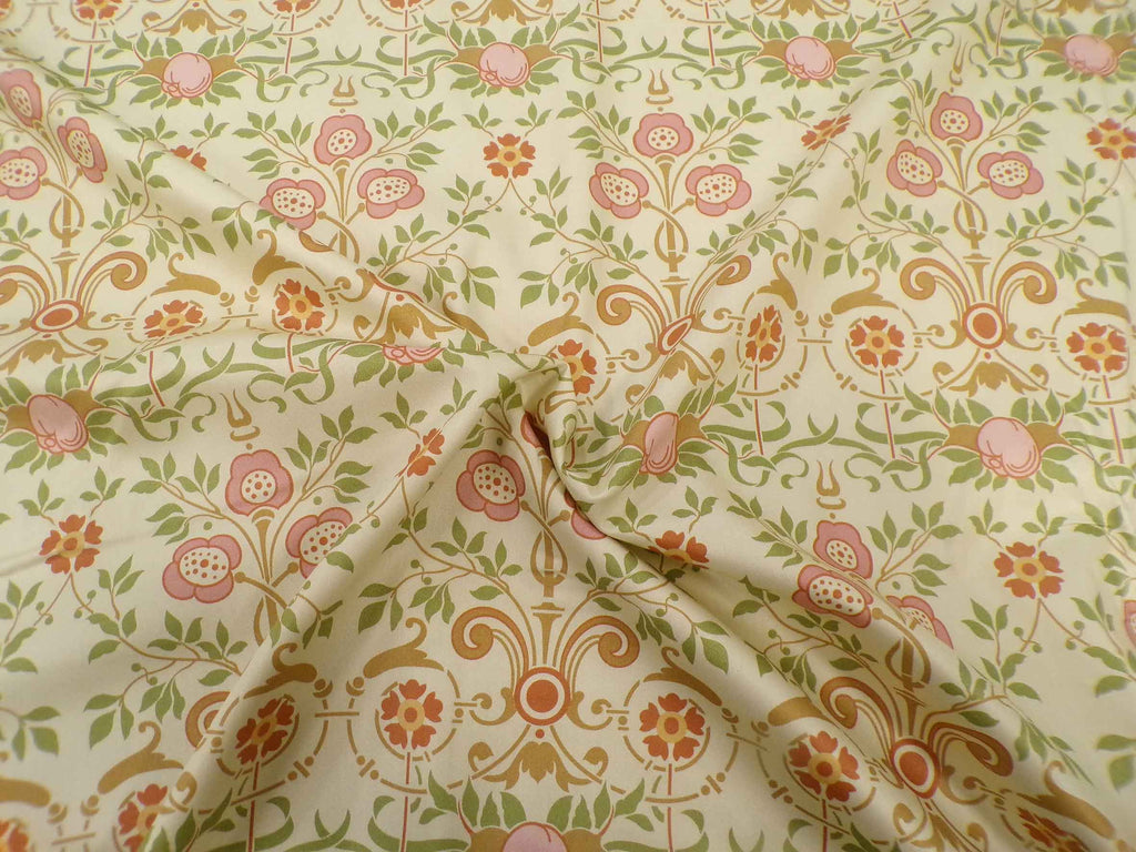 Mako sateen fabric by the metre, Bauerngarten design, “Spring Magic” colourway (vanilla yellow), flowers, Victorian, Gründerzeit, pink, brown, green, floral, cotton sateen, traditional costume, dirndl, bed linen,