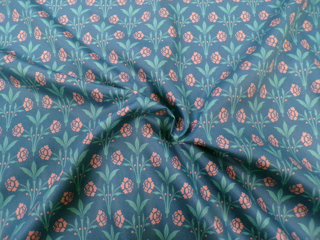 Makosatin, Meterware, Baumwollstoff, Motiv "Erker", Farbstellung "Sommernacht" (Dunkelblau), Blumenmuster türkis/altrosa, glänzend Bauwollsatin, Trachteh, Dirndl, Viktorianisch, Bettwäsche, Kleider