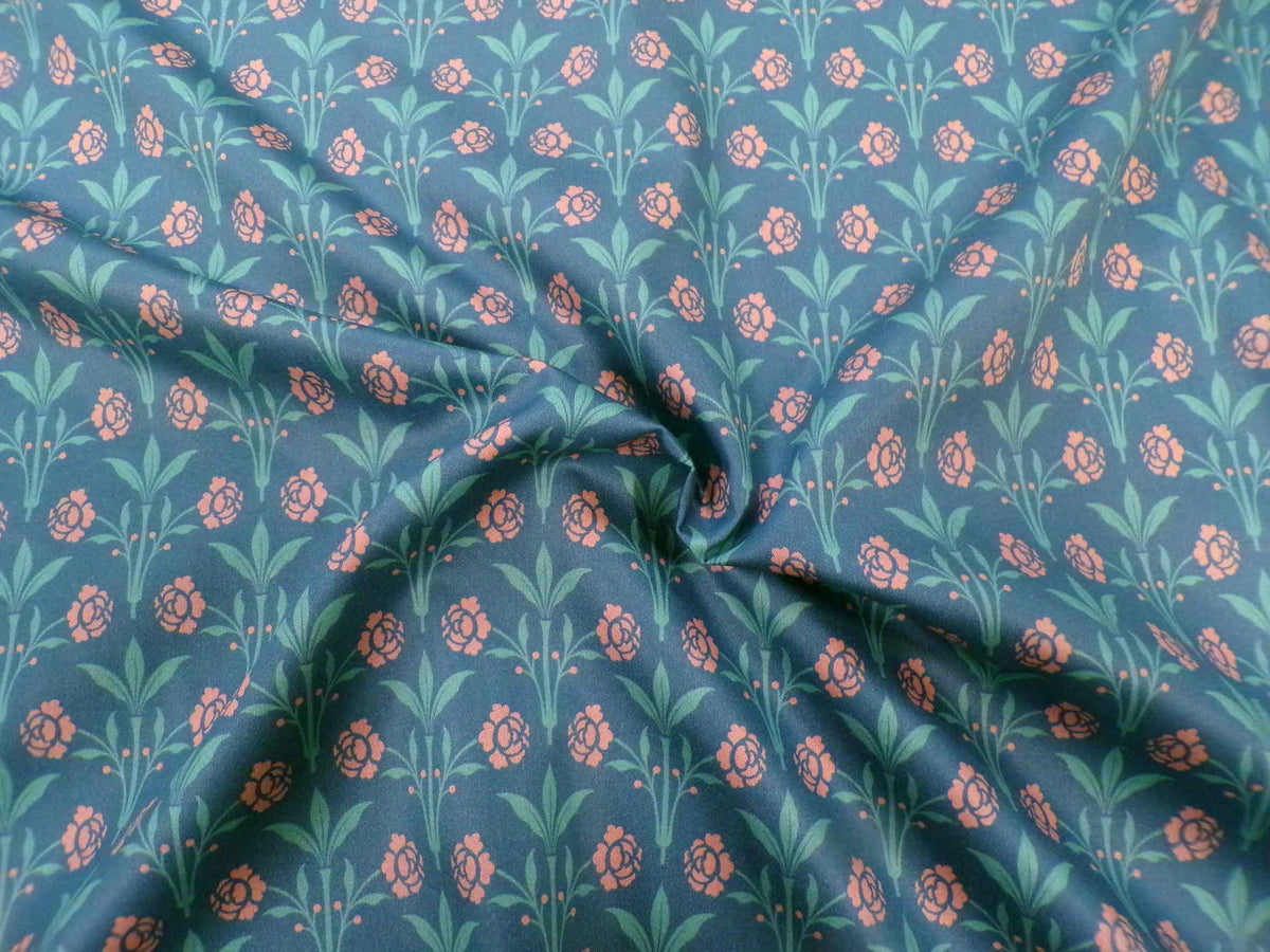 Makosatin, Meterware, Baumwollstoff, Motiv "Erker", Farbstellung "Sommernacht" (Dunkelblau), Blumenmuster türkis/altrosa, glänzend Bauwollsatin, Trachteh, Dirndl, Viktorianisch, Bettwäsche, Kleider
