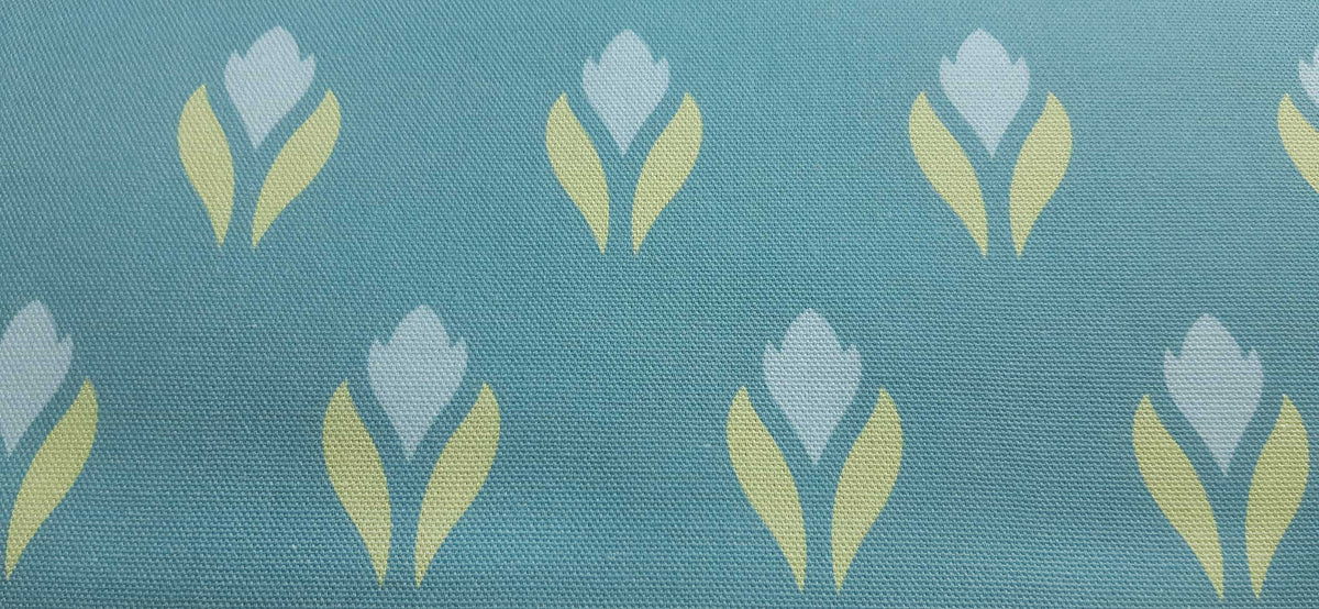 Meterware Halbpanama, Krokusmotiv, wasserblau, Baumwollstoff, 200g/qm, Ostern, Frühling, aqua, türkis, grün, hellblau, Kissen, Taschen, Tischdecken