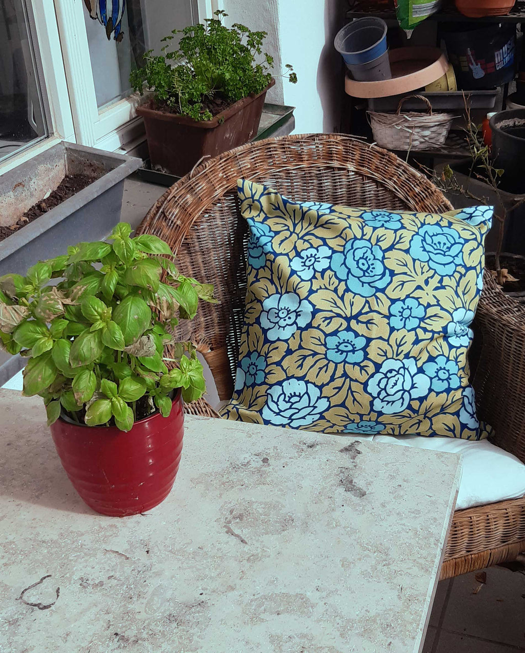 Cushion cover with rose pattern, green-aqua blue, cotton, with zipper, 50x50cm, roses, Art Nouveau, aqua, navy, country style