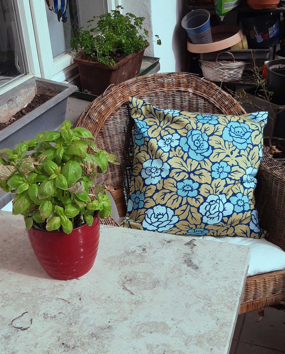 Kissenhülle mit Rosenmuster, grün-wasserblau, Baumwolle, mit Reißverschluß, 50x50cm, Rosen, Jugenstil, aqua, navy, Landhausstil
