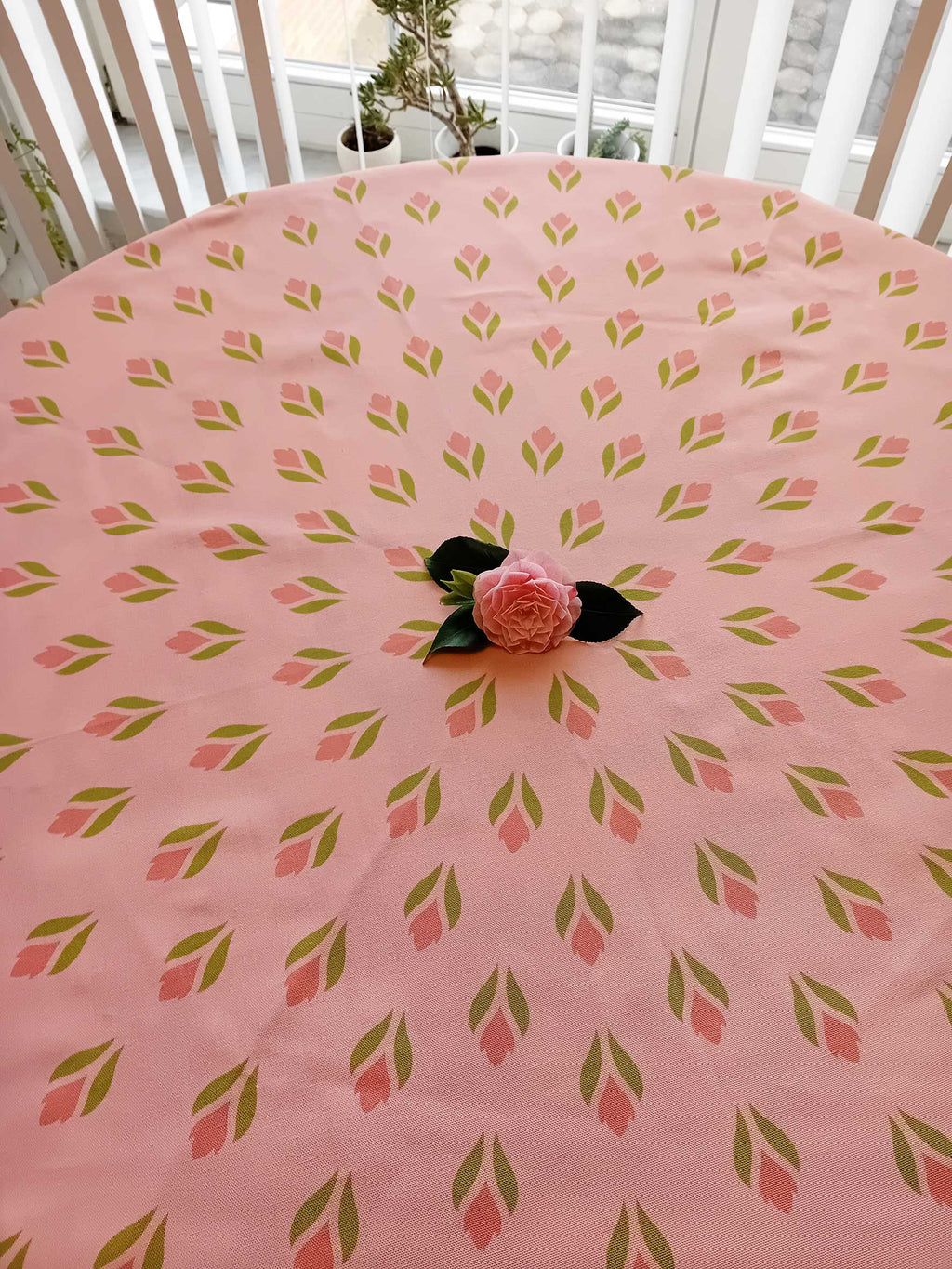 Round Tablecloth, Pink-Salmon-Green, Crocus Motif, Easter, Spring Pattern, Cotton