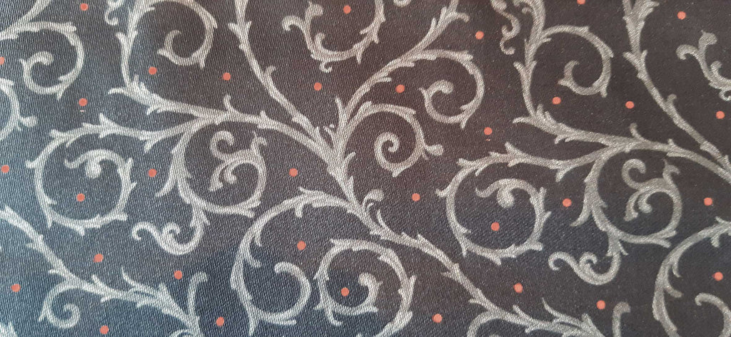 Mako-Satin, Meterware, Baumwolle,  Motiv "Dornenhecke" schwarz-grau mit roten Punkten, Baumwollsatin, glänzend, für elegante Blusen, Kleider, Hemden, Bettwäsche, Gotic
