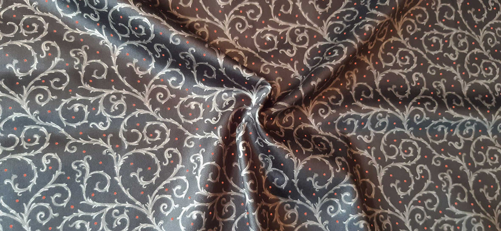 Mako-Satin, Meterware, Baumwolle,  Motiv "Dornenhecke" schwarz-grau mit roten Punkten, Baumwollsatin, glänzend, für elegante Blusen, Kleider, Hemden, Bettwäsche, Gotic