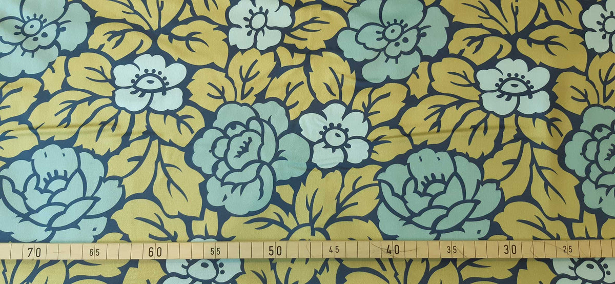 Mako-Satin, Meterware, Baumwolle,  Motiv "Rosen" zweifarbige wasserblaue Blüten, zwei Mustergrößen, türkis-grün-aqua-navy, Muster, Baumwollsatin, glänzend, Bettwäsche, Kleider, Blusen, Hemd