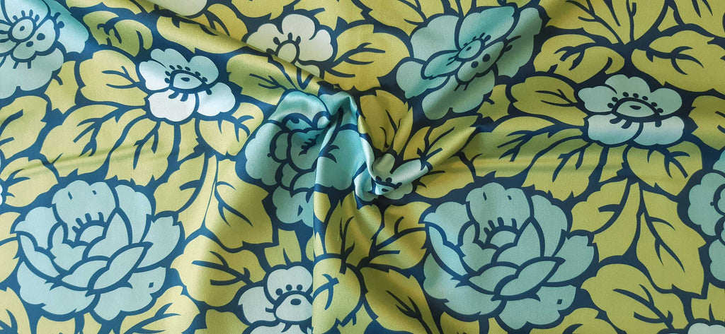 Mako-Satin, Meterware, Baumwolle,  Motiv "Rosen" zweifarbige wasserblaue Blüten, zwei Mustergrößen, türkis-grün-aqua-navy, Muster, Baumwollsatin, glänzend, Bettwäsche, Kleider, Blusen, Hemd