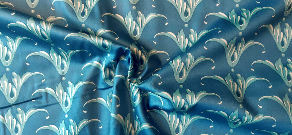 Mako-Satin, Meterware, Motiv Tulpe, Dunkelblau-wasserblau, glänzend, Baumwollsatin, navy blaugrün, für Bettwäsche, Trachten, Dirndl, Kleider