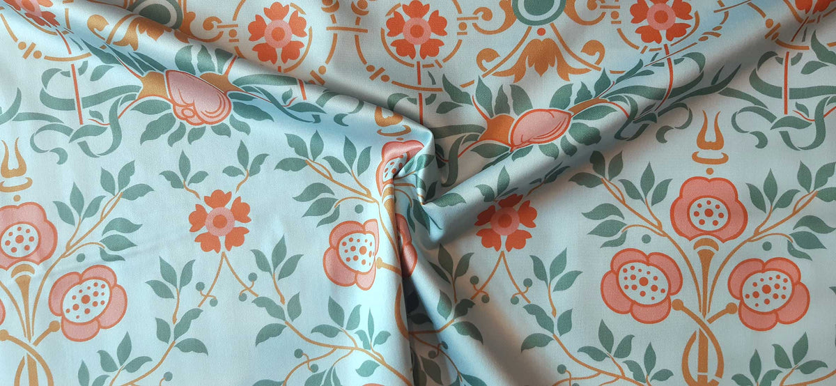 Mako-Satin, Meterware, Motiv Bauerngarten, Farbstellung "Gartenteich", hellblau, aqua, Blumenmuster, türkis, rosa, braun, glänzender Baumwollsatin, Bettwäsche, Trachten, Dirndl