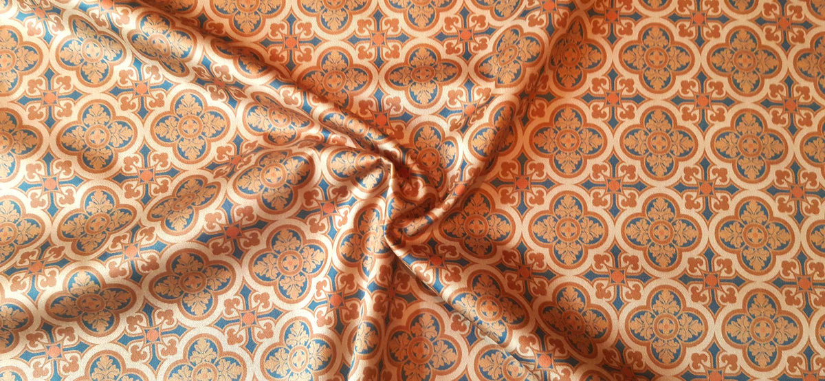 Mako-Satin, Meterware, Baumwolle,  Muster "Herrenhaus" in der Farbstellung Allure hell, zwei Mustergrößen, sand, braun, navy, geometrisch, Fliesenmuster, Hemden, Blusen, Bettwäsche