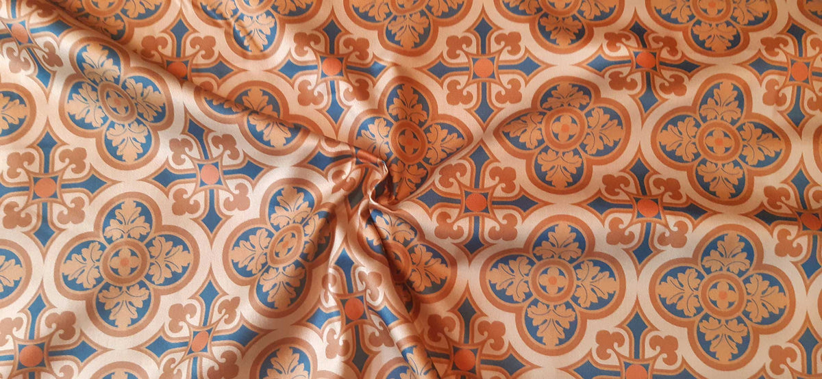 Mako-Satin, Meterware, Baumwolle,  Muster "Herrenhaus" in der Farbstellung Allure hell, zwei Mustergrößen, sand, braun, navy, geometrisch, Fliesenmuster, Hemden, Blusen, Bettwäsche