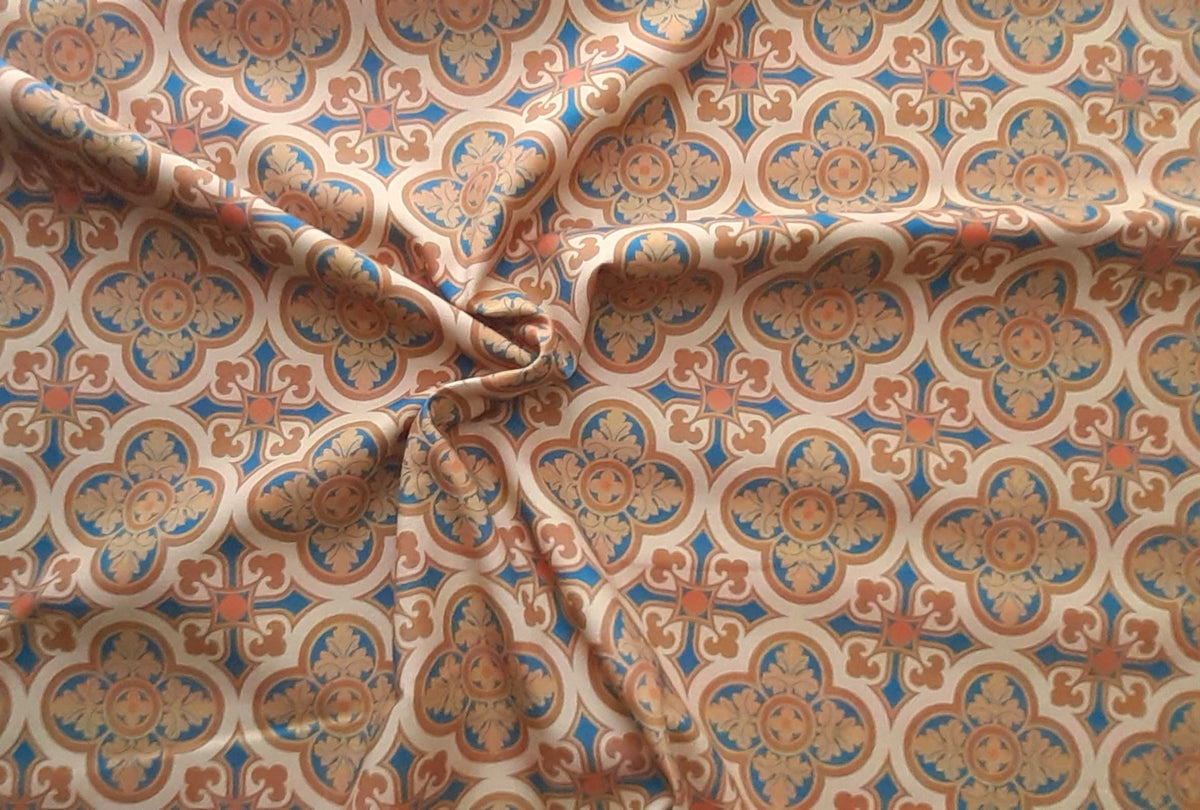 Mako-Satin, Meterware, Baumwolle,  Muster "Herrenhaus" in der Farbstellung Allure hell, zwei Mustergrößen, sand, braun, navy, geometrisch, Fliesenmuster, Hemden, Blusen, Bettwäsche