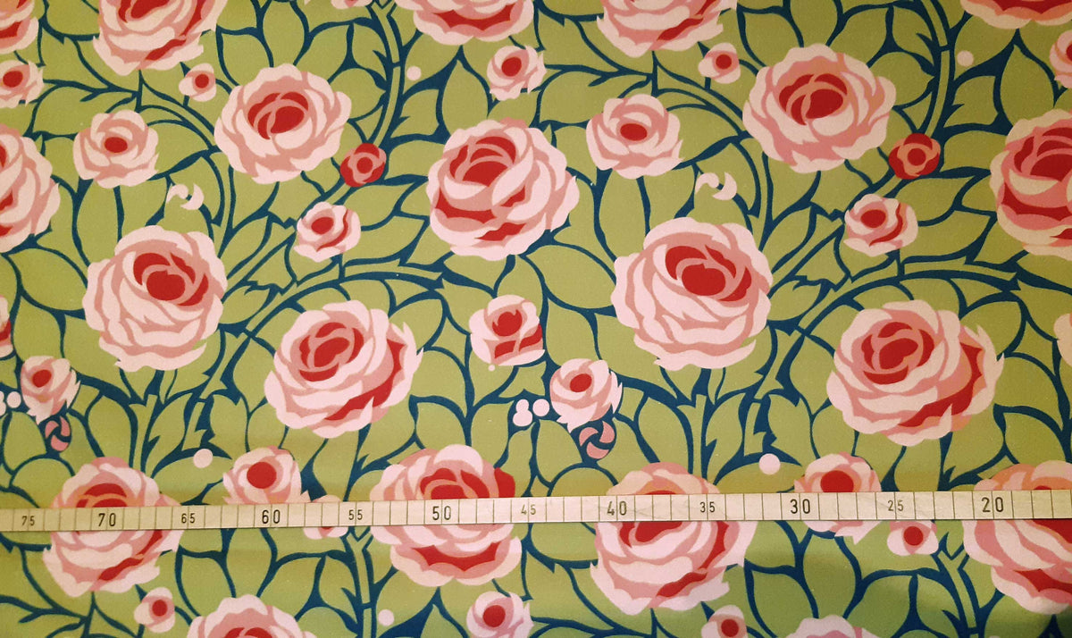 Halbpanama, Meterware, Baumwollstoff, navy-grün-Rosatöne, Rosen, Landhausstil, Muster "Weg zum Turm", für Trachtenmode, Dirndl, Kissen, Tischdecken