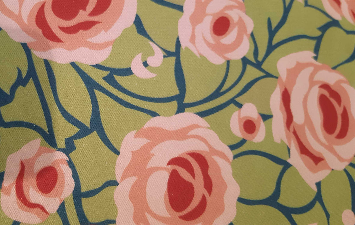 Half Panama, by the metre, cotton fabric, navy-green-pink tones, roses, country style, "Path to the Tower" pattern, for traditional costumes, dirndls, cushions, tablecloths