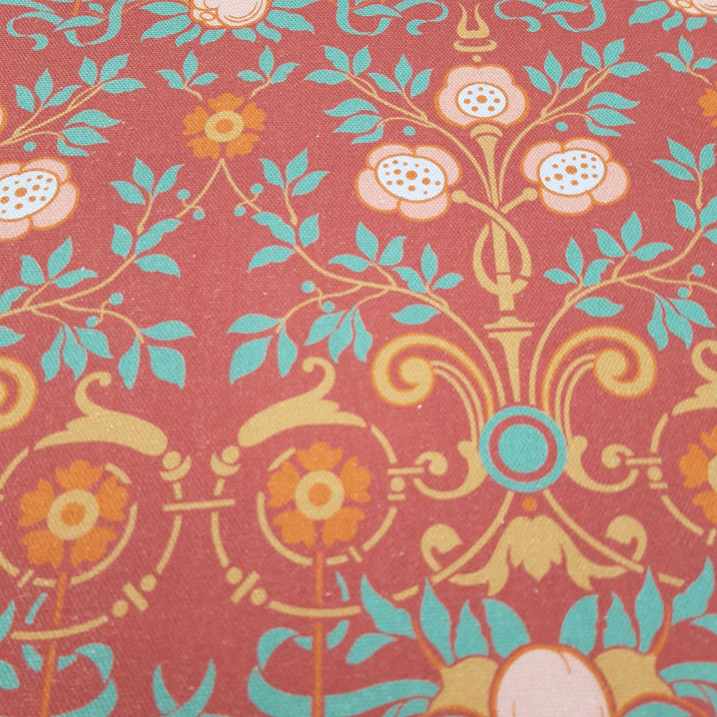 Half-width calico, by the metre, cotton fabric, "Bauerngarten" motif, "Granatapfel" (maroon) colourway, small pattern size, Wilhelminian/Victorian pattern, dirndl, traditional costumes, cushions, bag project