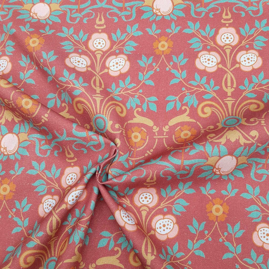 Half-width calico, by the metre, cotton fabric, "Bauerngarten" motif, "Granatapfel" (maroon) colourway, small pattern size, Wilhelminian/Victorian pattern, dirndl, traditional costumes, cushions, bag project