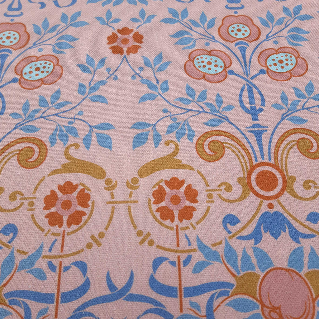 Halbpanama, Meterware, Baumwollstoff, Motiv "Bauerngarten", Farbstellung "Hortensie" (Altrosa),  Gründerzeitliches/viktorianisches Muster, rot, blau rosa, Trachten, Dirndl Kissen