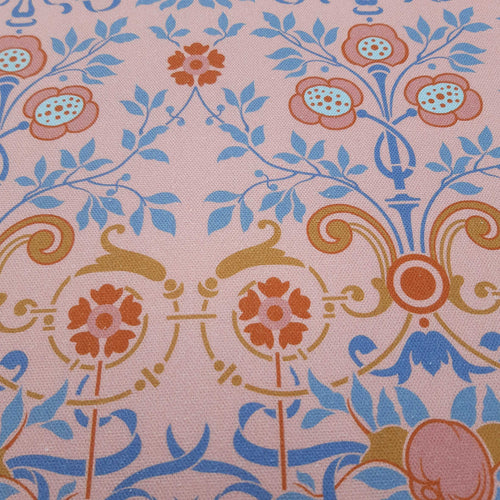Halbpanama, Meterware, Baumwollstoff, Motiv "Bauerngarten", Farbstellung "Hortensie" (Altrosa),  Gründerzeitliches/viktorianisches Muster, rot, blau rosa, Trachten, Dirndl Kissen